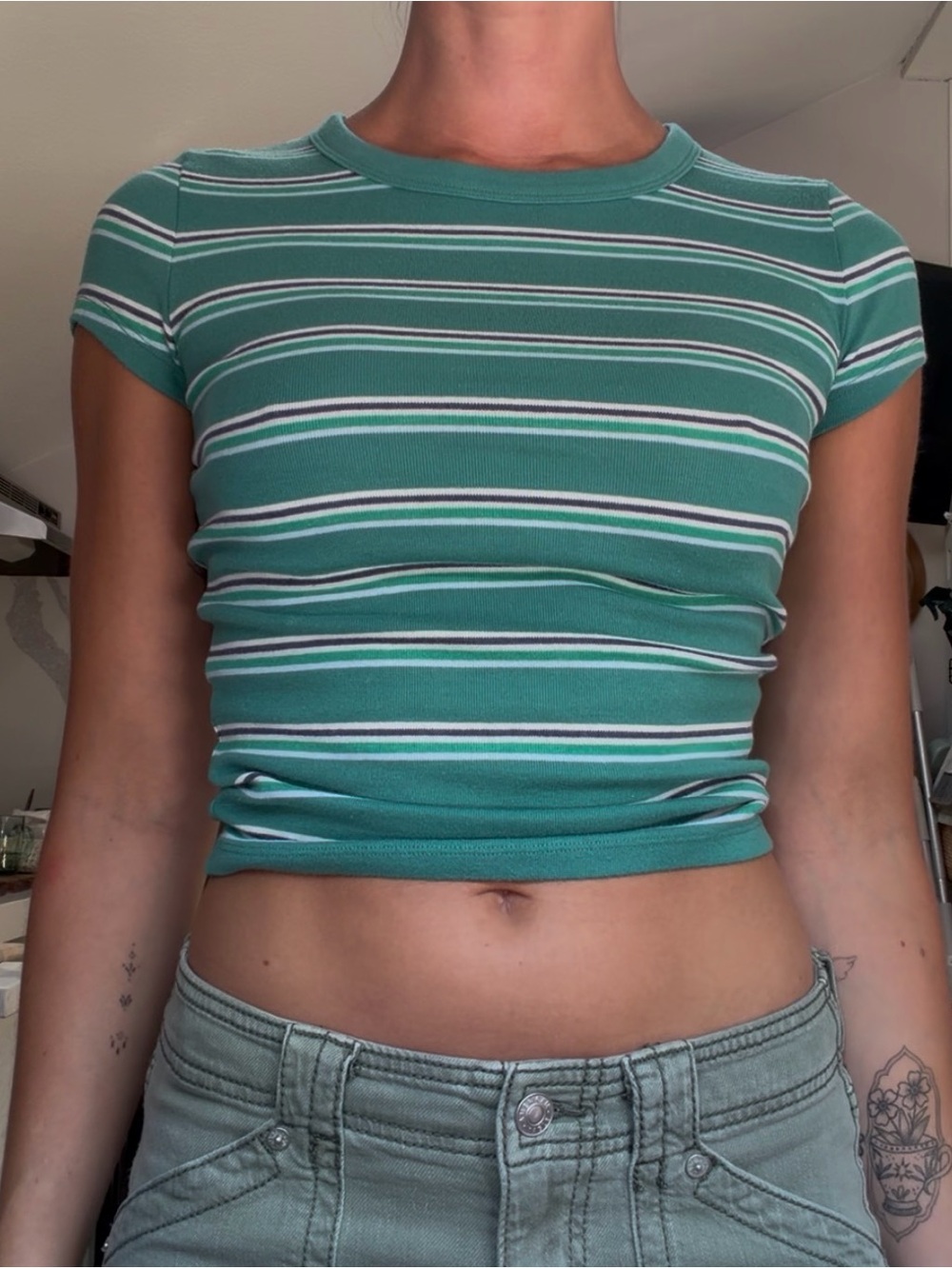 American Eagle Outfitters Teal Striped Ribbed Crop Tee